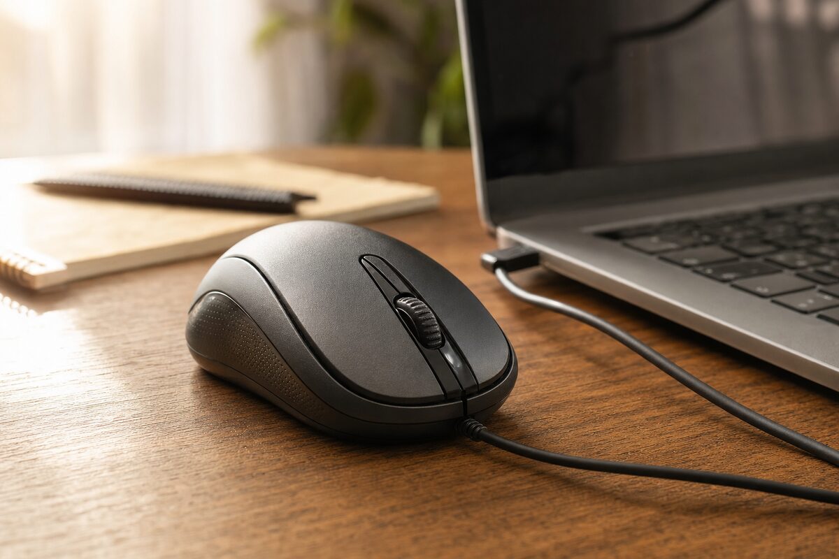 A USB mouse sitting beside a laptop on a wooden desk, with a frustrated expression implied by a notepad full of scribbled troubleshooting notes nearby