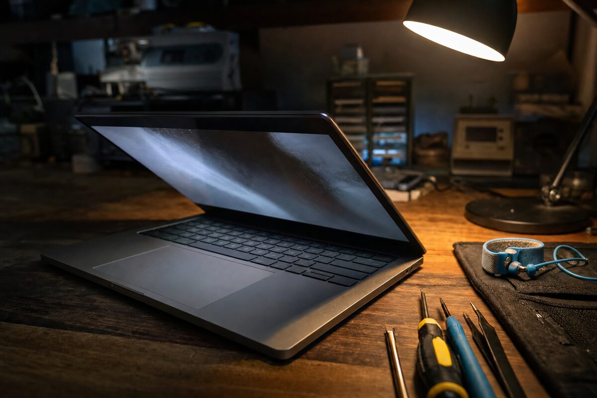 Laptop partially closed on a wooden workbench, lit by a focused desk lamp, with the screen showing a faint flicker