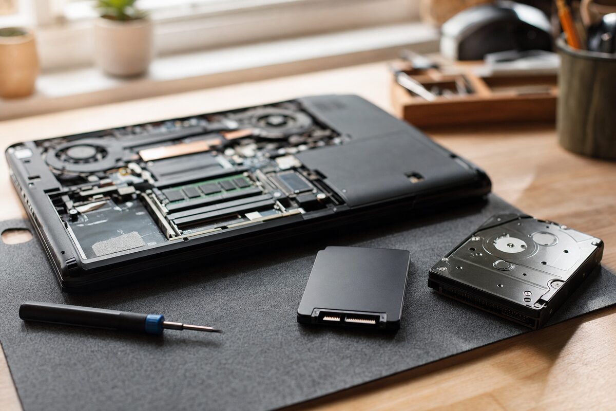 Close-up of a laptop hard drive being replaced with a small SSD on a repair workbench, with tools laid out neatly alongside