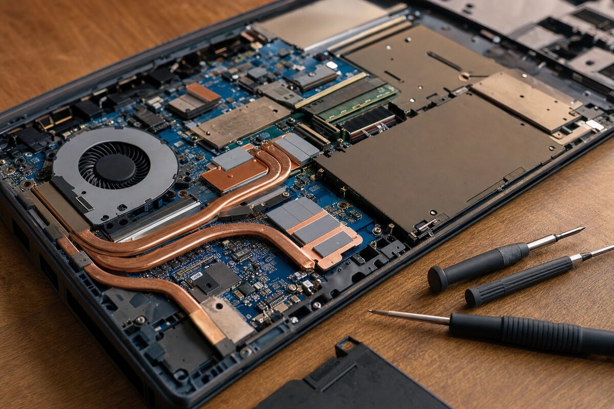 Close-up of a laptop heatsink and cooling assembly laid open on a workbench, small screwdrivers and components arranged neatly nearby