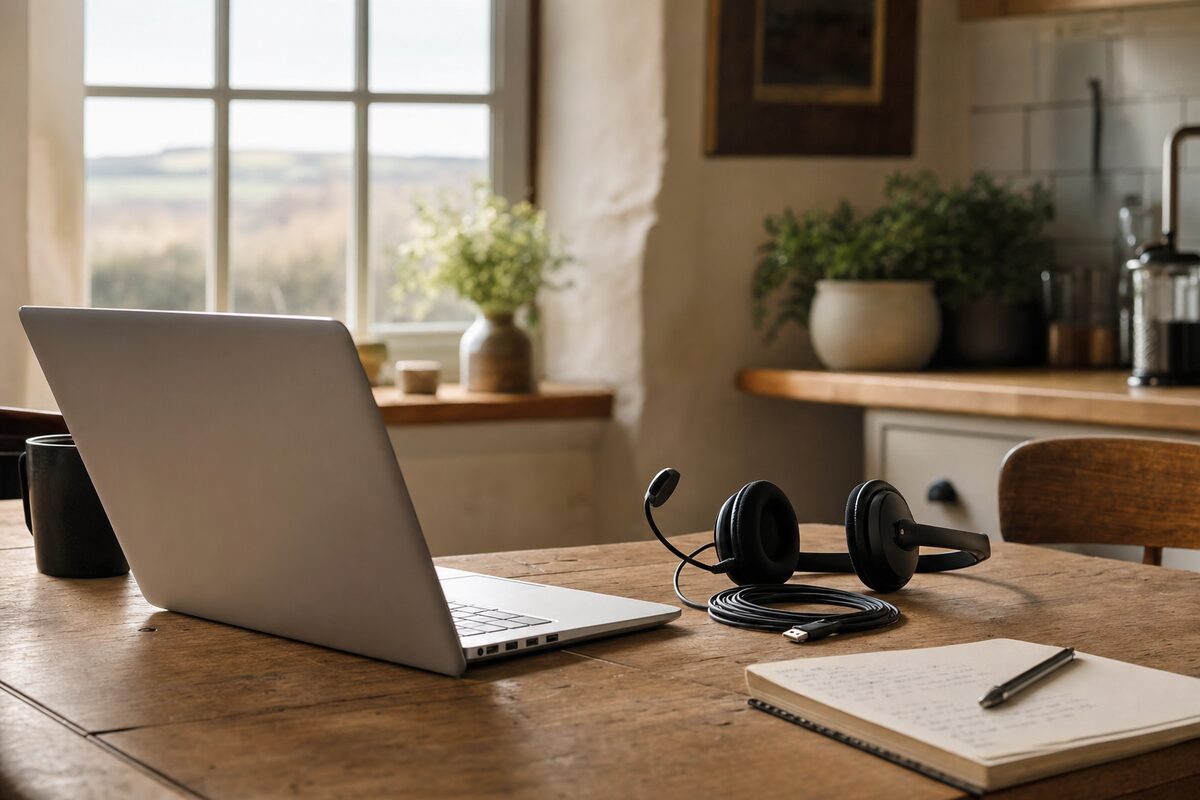 A USB headset resting beside an open laptop on a wooden kitchen table, with soft morning light coming through a window