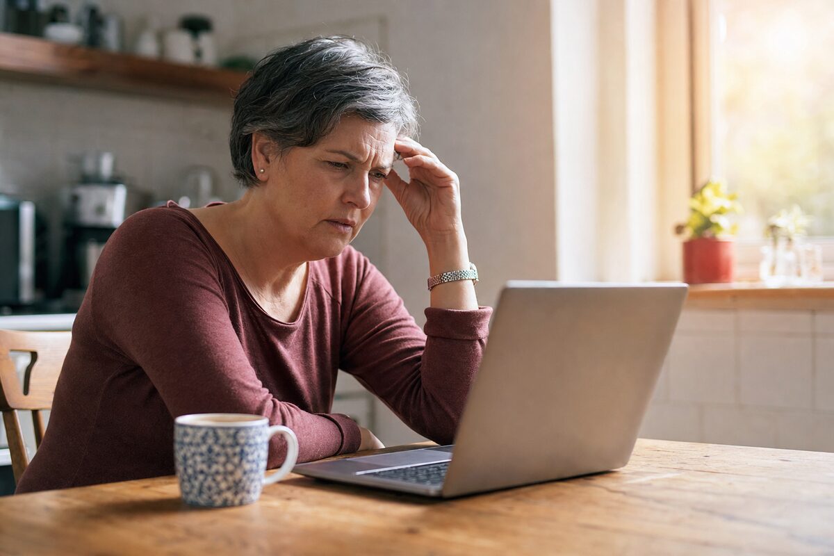 A person sitting at a laptop on a kitchen table, staring at a Windows login screen with a puzzled expression, warm morning light coming through a window