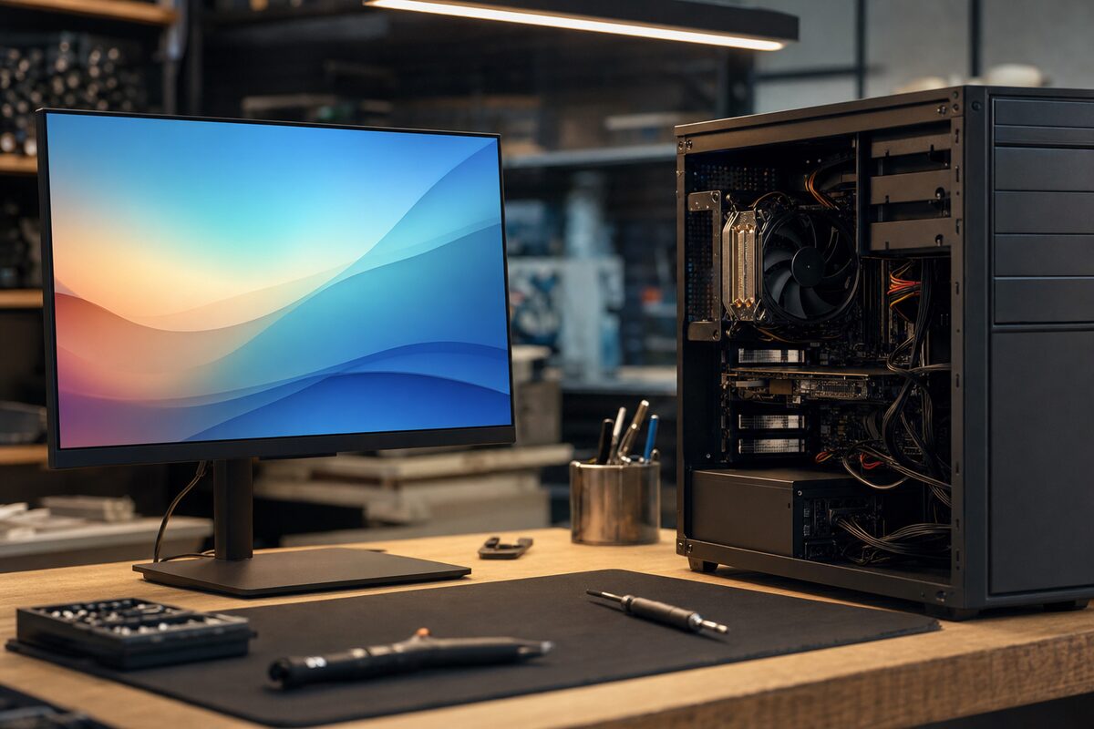 A desktop PC and monitor on a repair workbench, with the monitor displaying a normal desktop image while a technician examines the machine's internals