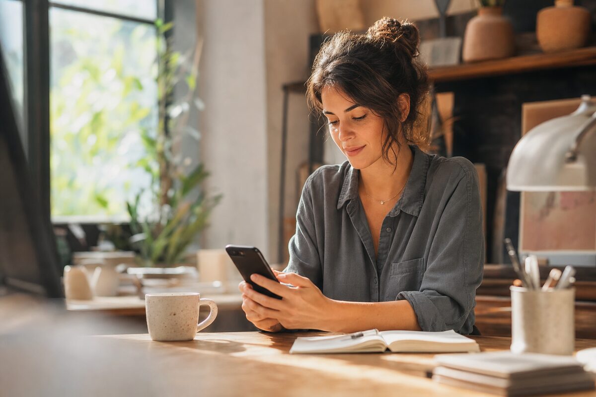 A small business owner reviewing their website on a smartphone at a desk, warm natural light, focused and thoughtful expression