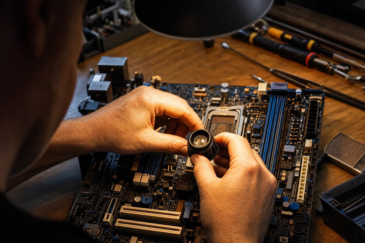 A desktop PC open on a repair workbench, lit by warm overhead lamp, with a technician's hands examining the motherboard using a magnifying loupe