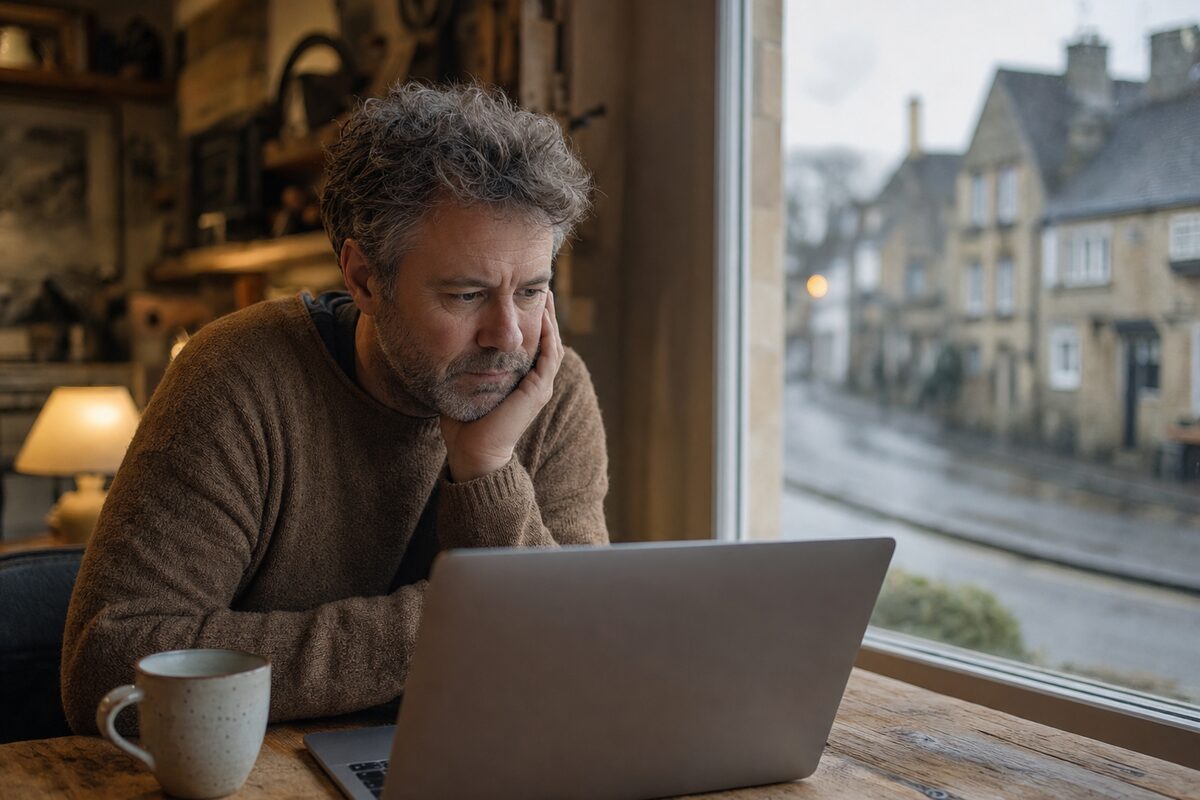 A small business owner reviewing their website on a laptop at a wooden desk, with a cup of tea nearby and a quiet village street visible through the window behind them