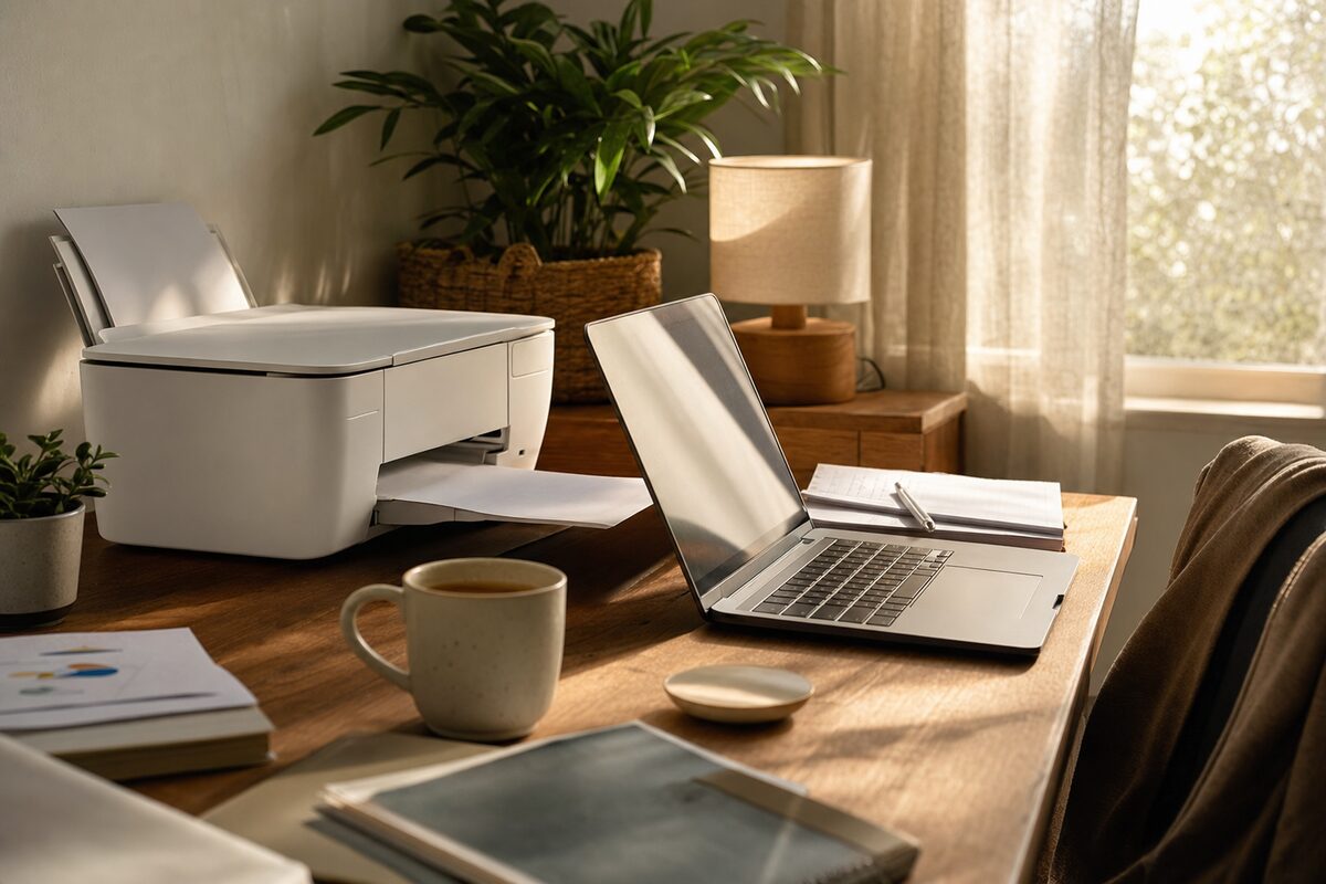 A wireless inkjet printer on a home office desk beside a laptop, morning light coming through a window