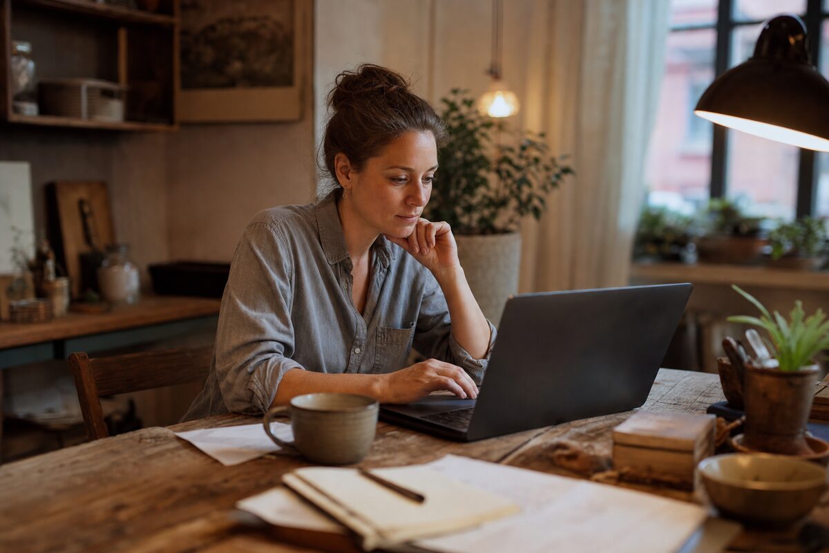 A small business owner reviewing their website on a laptop at a wooden desk, warm evening light through a window