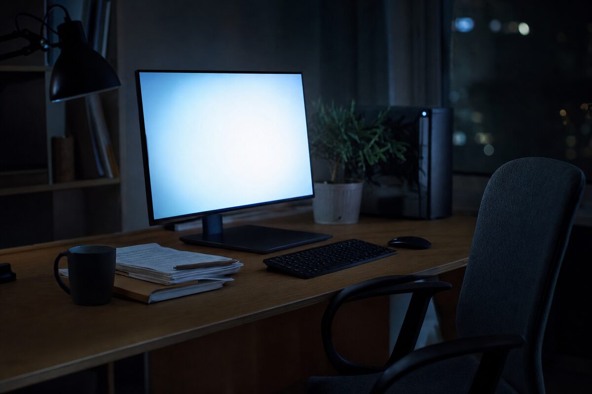 A desktop PC glowing softly in a dark home office late at night, screen on and running unattended