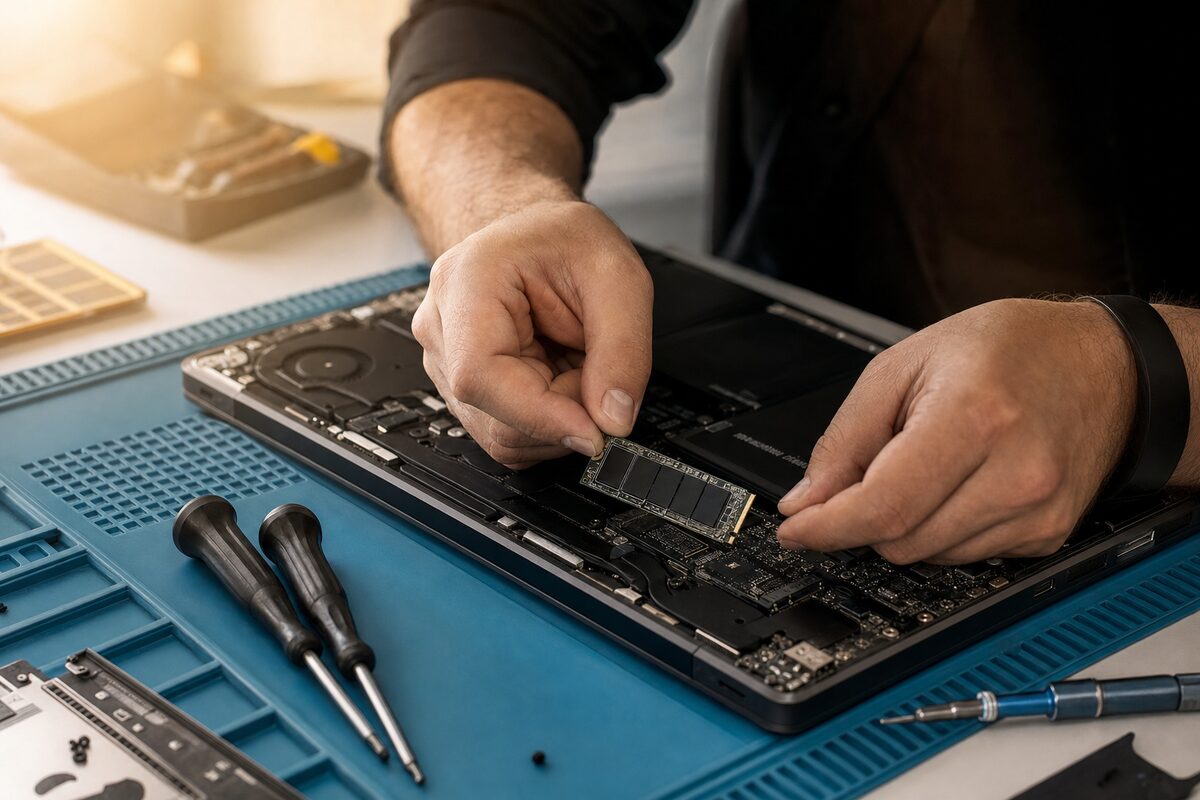 Close-up of a laptop SSD being carefully removed from a laptop on a repair workbench, with tools laid out neatly alongside