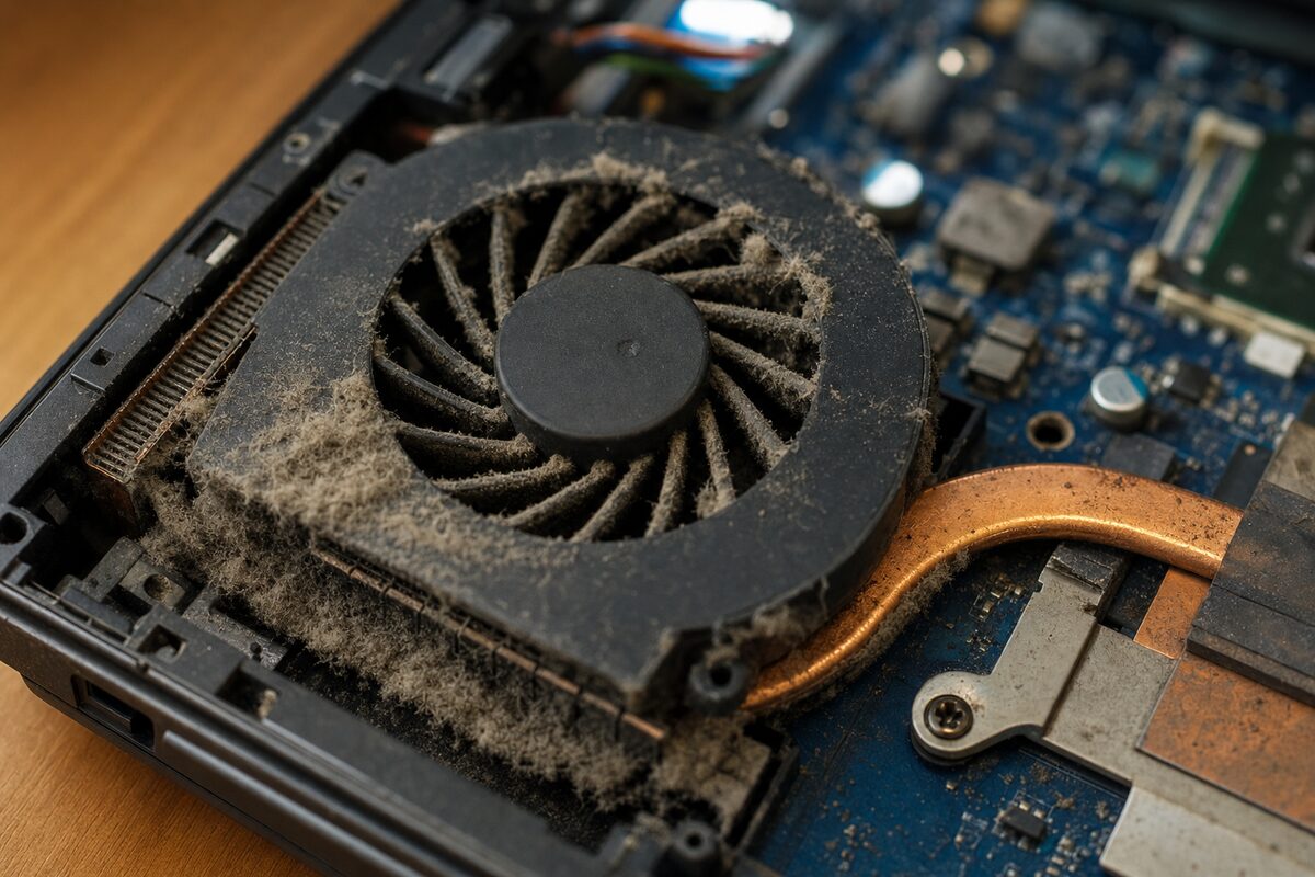 Close-up of a laptop's internal cooling fan clogged with grey dust and fluff, heatsink visible beneath warm workshop lighting
