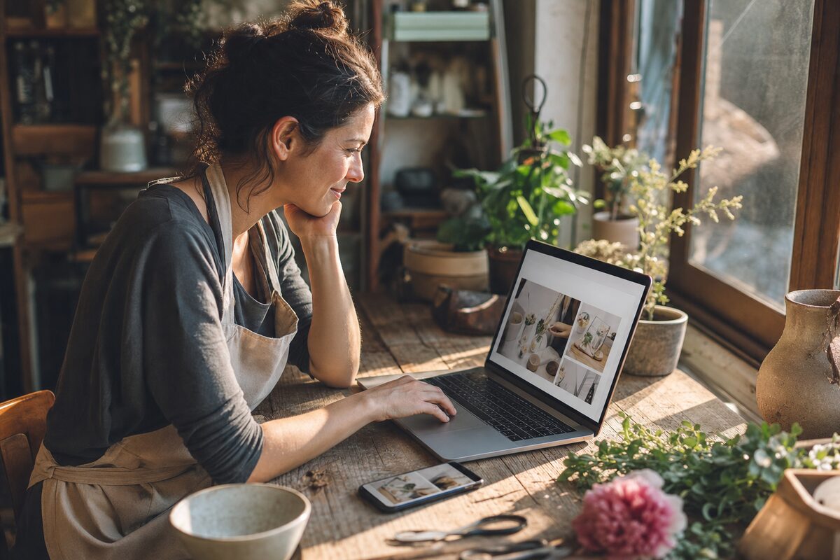 A small business owner reviewing their website on a laptop and smartphone at a wooden desk, warm natural light from a nearby window