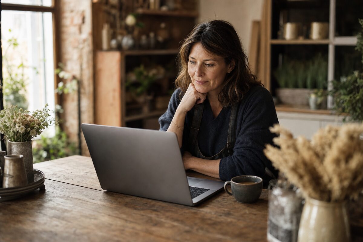 A small business owner sitting at a wooden desk, looking thoughtfully at a laptop screen displaying a simple website, warm natural light from a nearby window