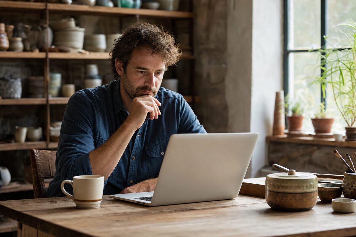 A small business owner reviewing their website on a laptop at a wooden desk, warm natural light coming through a window