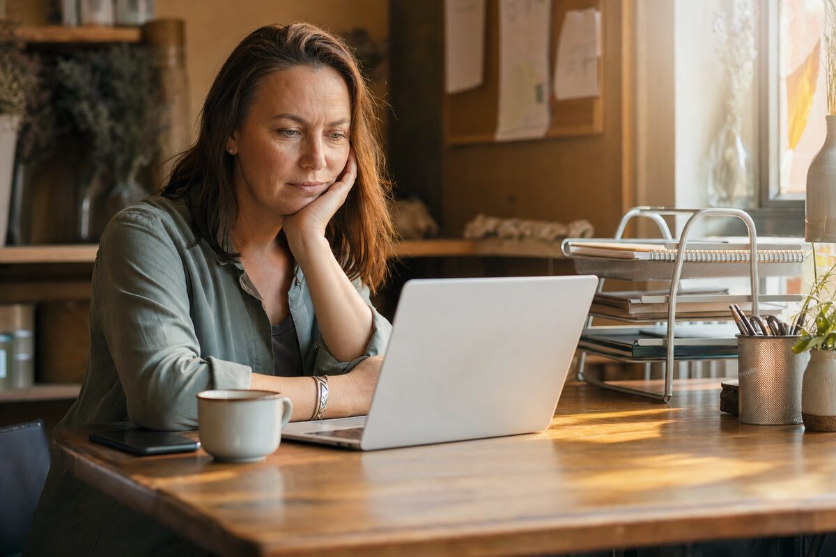 A small business owner looking puzzled at a laptop showing their website, warm natural light from a window