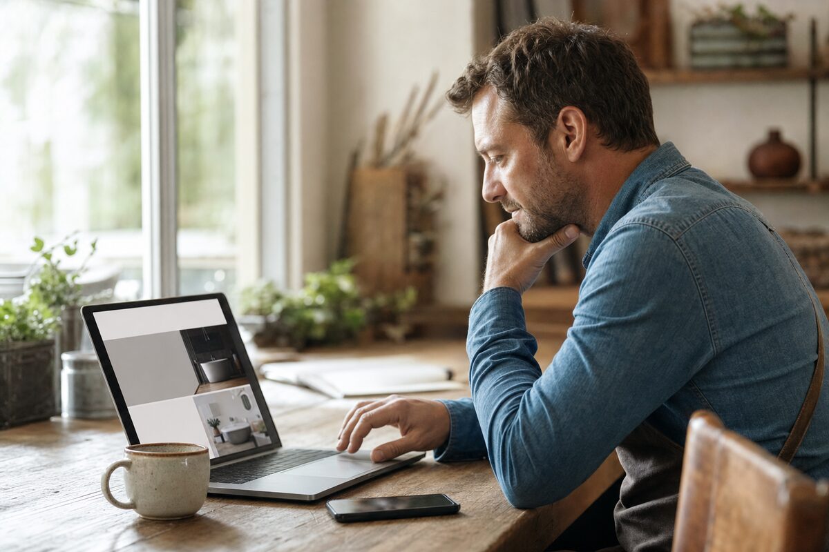 A small business owner reviewing their new website on a laptop at a wooden desk, warm natural light from a window