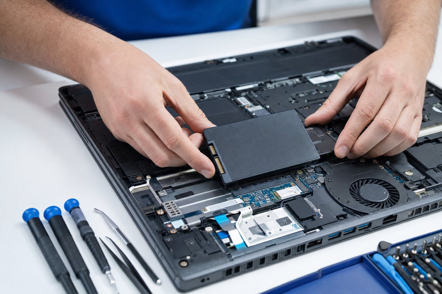 A technician fitting a new SSD into an open laptop on a clean workshop bench.