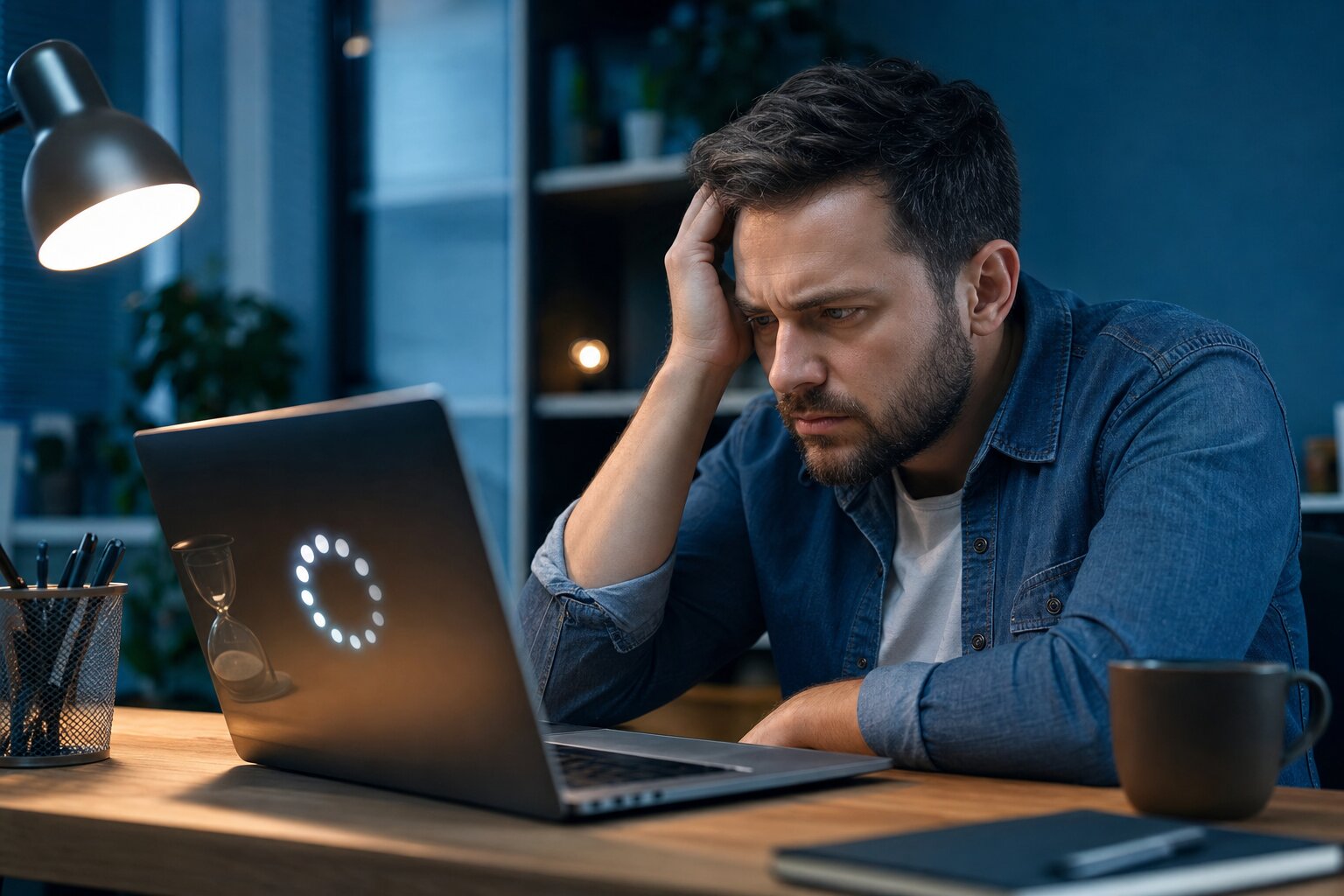 A person waiting at a slow laptop with a spinning loading circle on the screen.