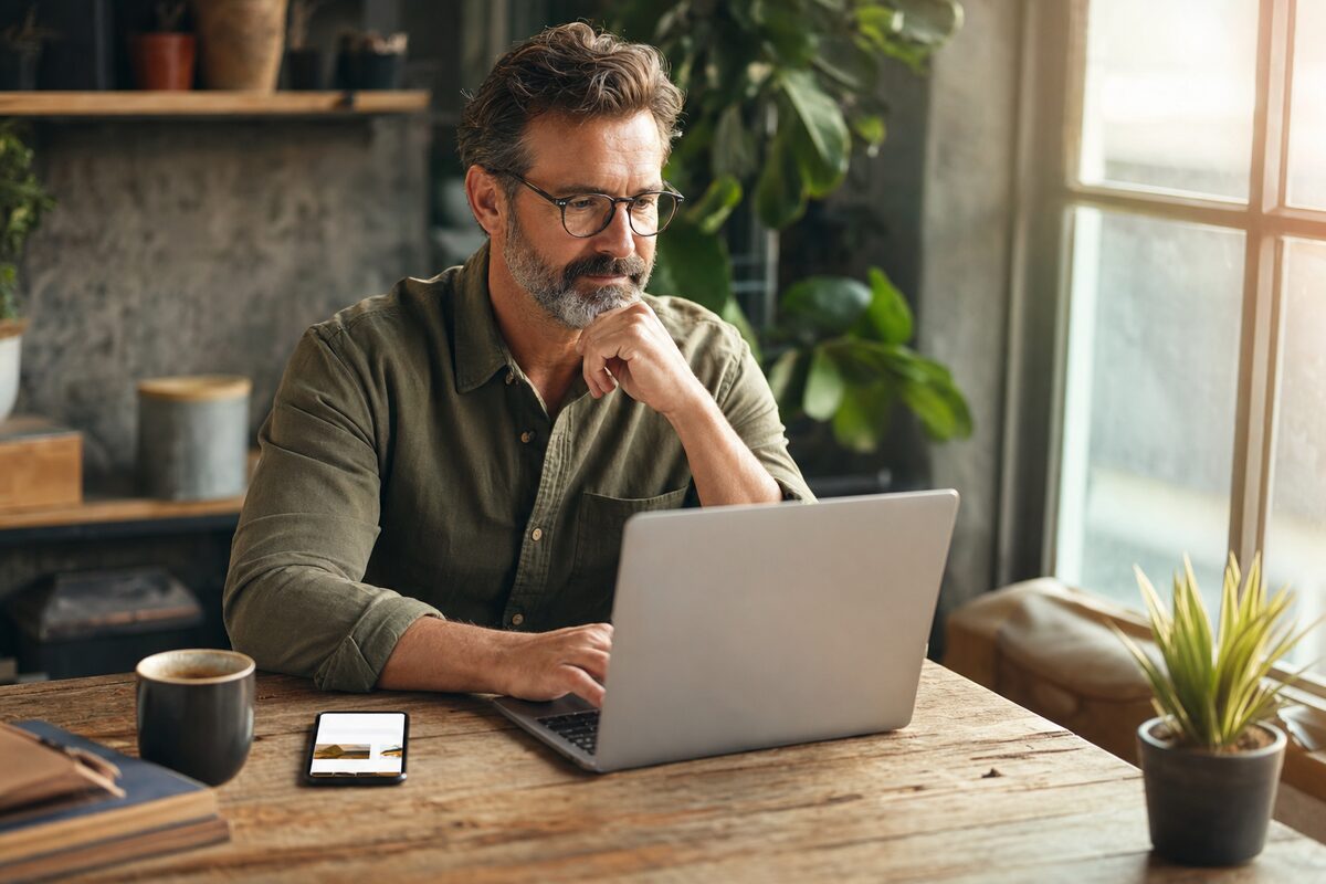 A small business owner reviewing their website on a laptop and smartphone at a wooden desk, with warm natural light from a nearby window