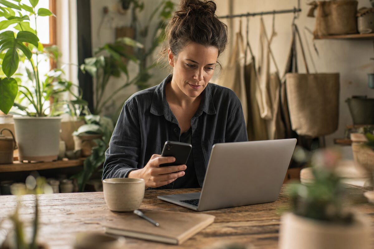 A small business owner reviewing their website on a phone and laptop at a wooden desk in a bright, independent shop