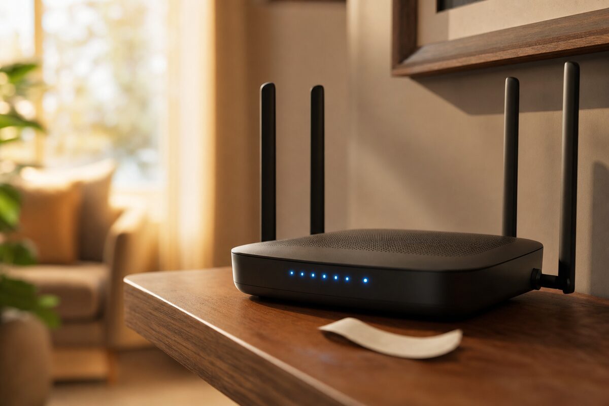 A home Wi-Fi router glowing softly on a shelf, with a sticky note bearing a forgotten password label nearby