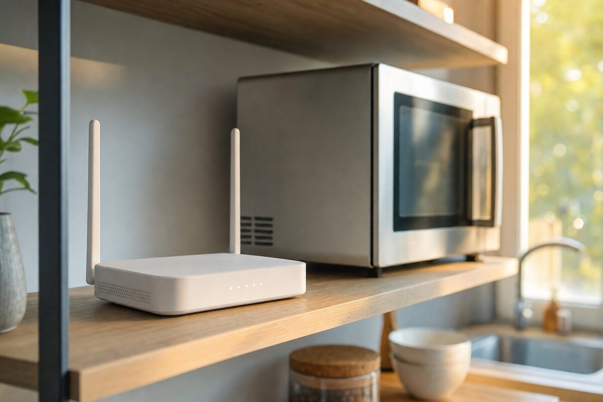 A home wireless router glowing on a kitchen shelf near a microwave oven, warm afternoon light