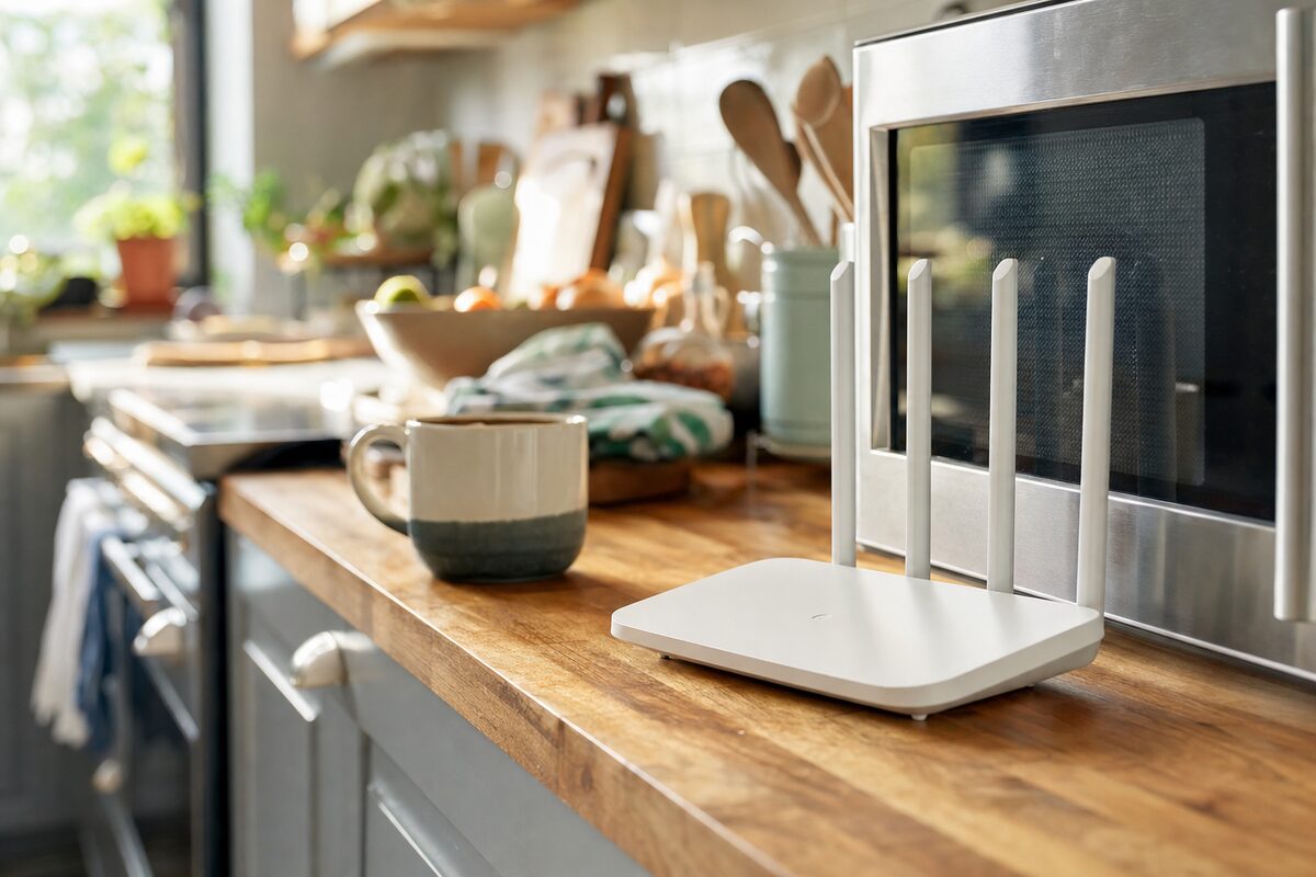 A white kitchen router sitting on a worktop near a microwave, with a soft warm light suggesting a busy home environment