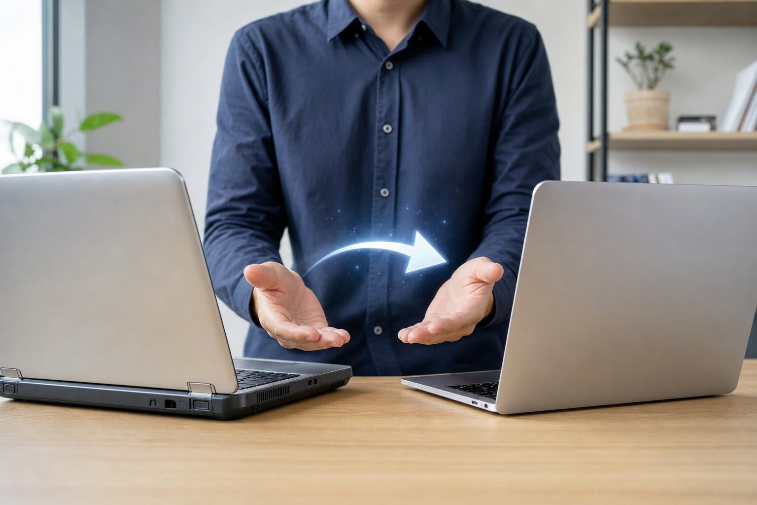 A person weighing up an older laptop against a newer one, with a glowing upgrade arrow between them.