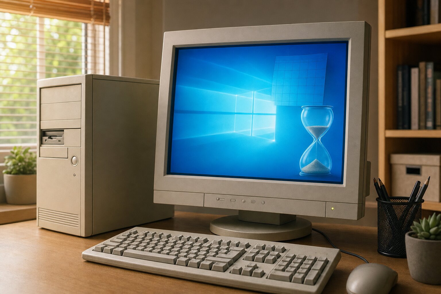 An older desktop PC on a home desk showing a generic blue desktop, with a subtle hourglass suggesting time has run out on support.
