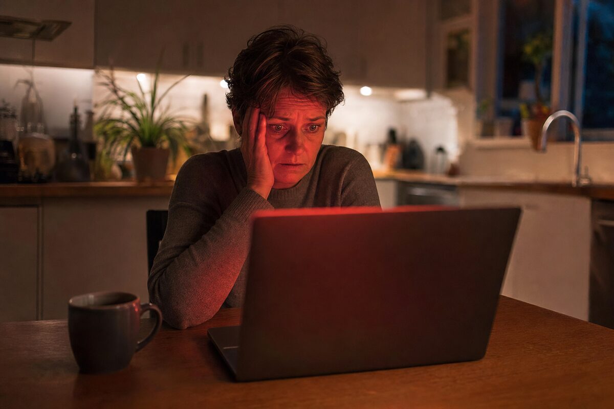 A worried person sitting at a laptop displaying a dramatic red full-screen warning alert, lit by the glow of the screen in a dimly lit home office