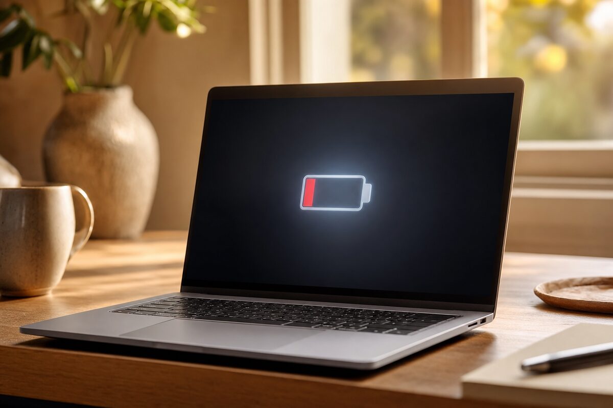 Laptop on a wooden desk with a low battery warning on screen, warm afternoon light through a window
