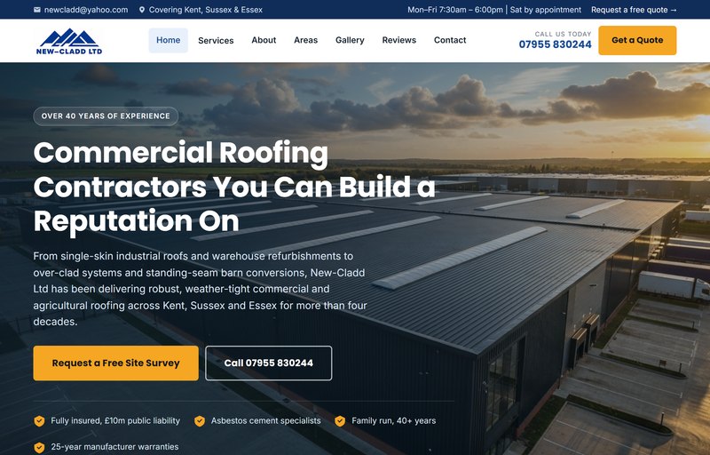 Website designed by Advantec Computing for New-Cladd Ltd, a commercial roofing contractor in Kent